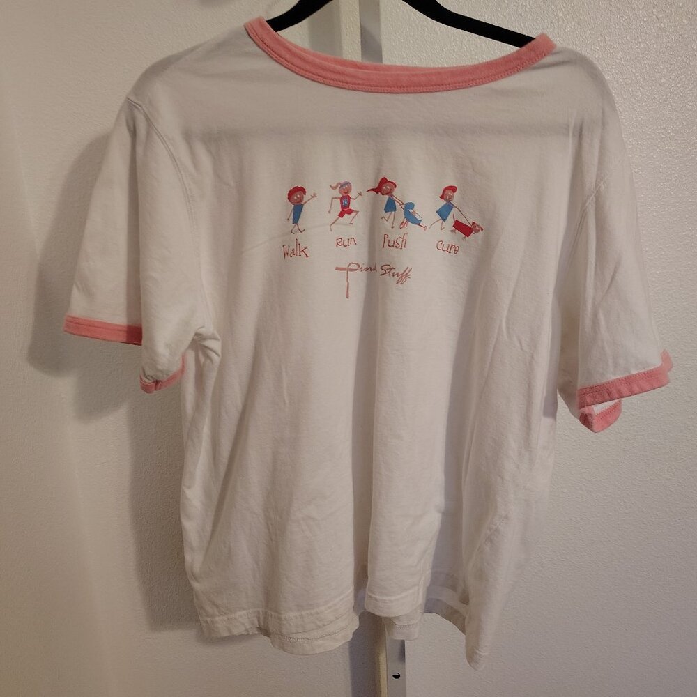 Pink Stuff Women's Breast Cancer Shirt Size XL Pink White Vintage Short Sleeve
